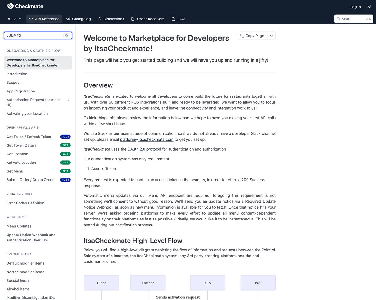 The ItsaCheckmate developer marketplace documentation, showing the OAuth 2.0 onboarding flow, API endpoints, error library and webhooks in the sidebar