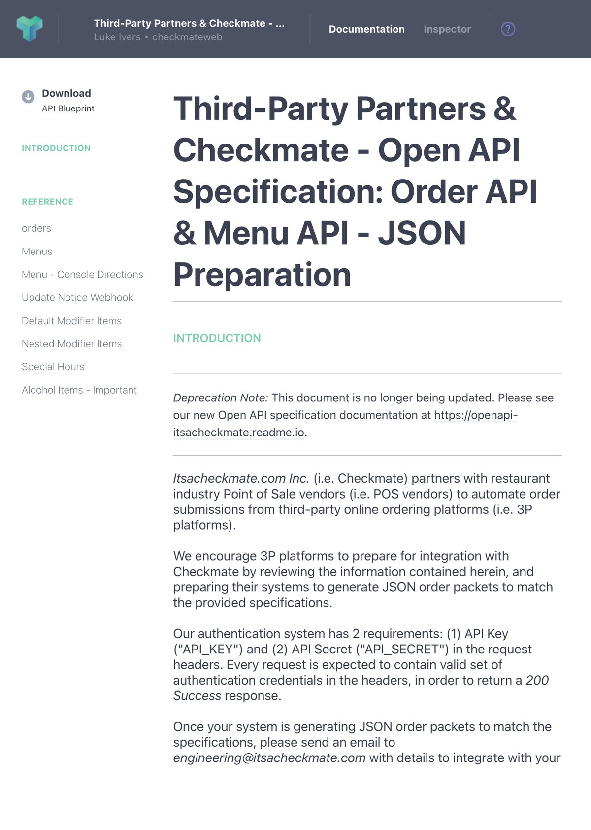 The Open API specification for ordering platforms, showing the order and menu reference sections