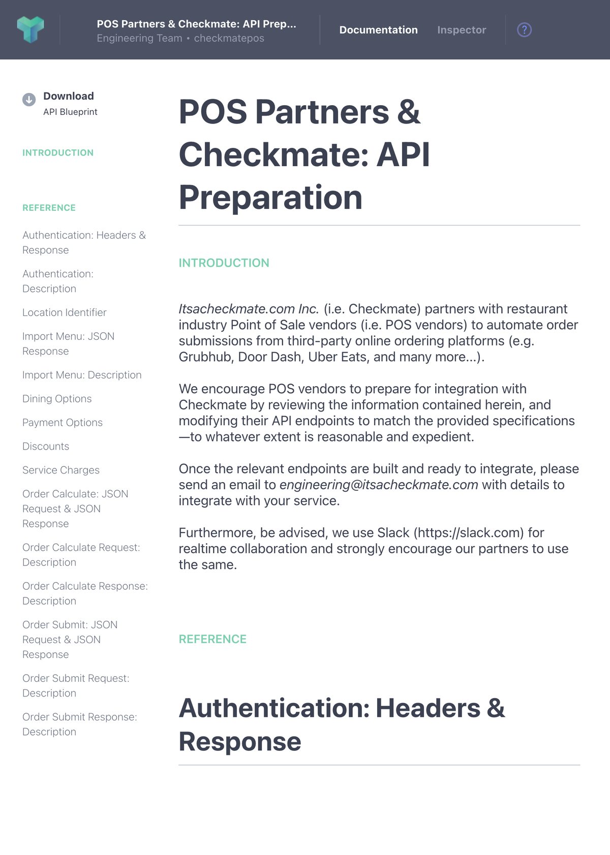 The POS API Preparation document, showing endpoint sections for import menu, dining options, payment options, discounts, service charges, order calculate and order submit
