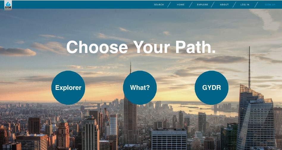 GYDR landing page over a New York City skyline reading Choose Your Path, with Explorer, What? and GYDR options