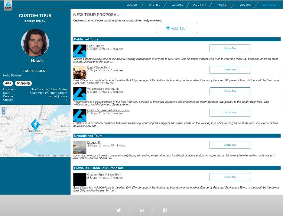 Custom tour proposal interface with itinerary stops and messaging