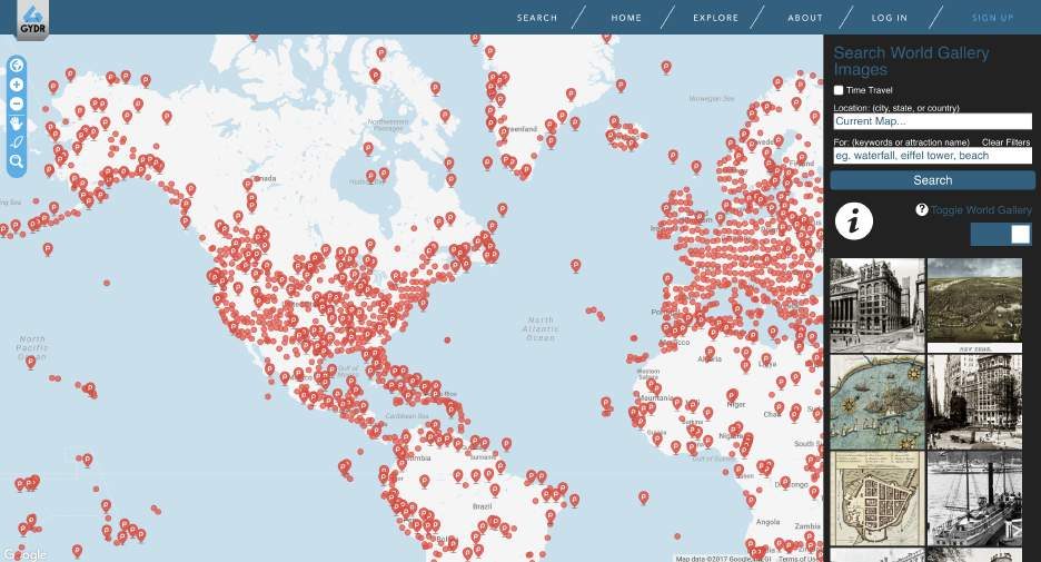 Map zoomed out showing hundreds of geo-tagged image markers
