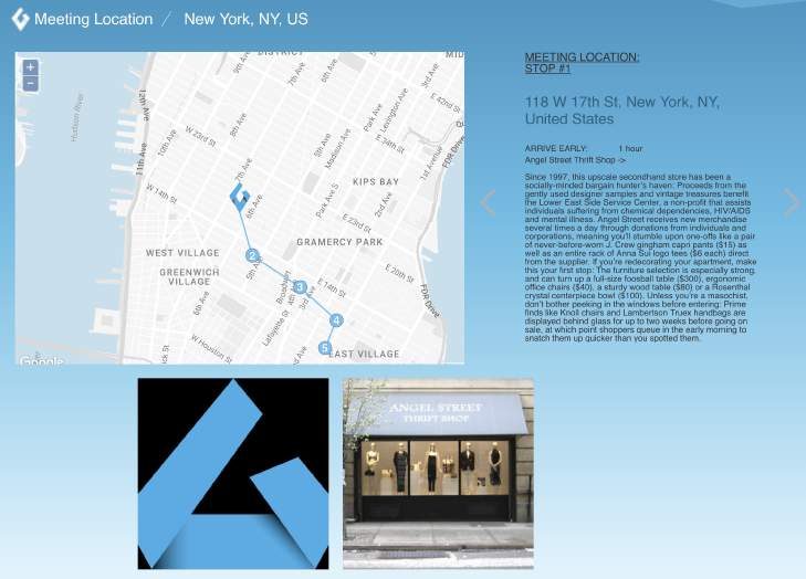 Interactive itinerary showing a mapped meeting location with photographs of the stop