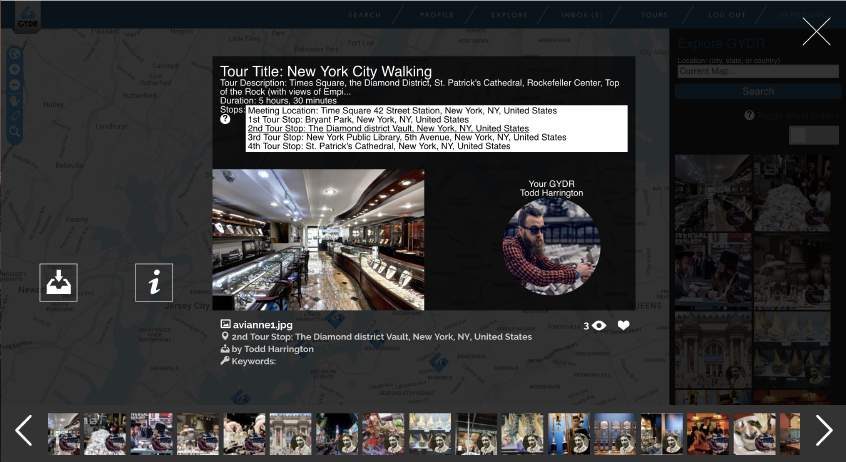 Full-screen image lightbox with tour and guide information alongside