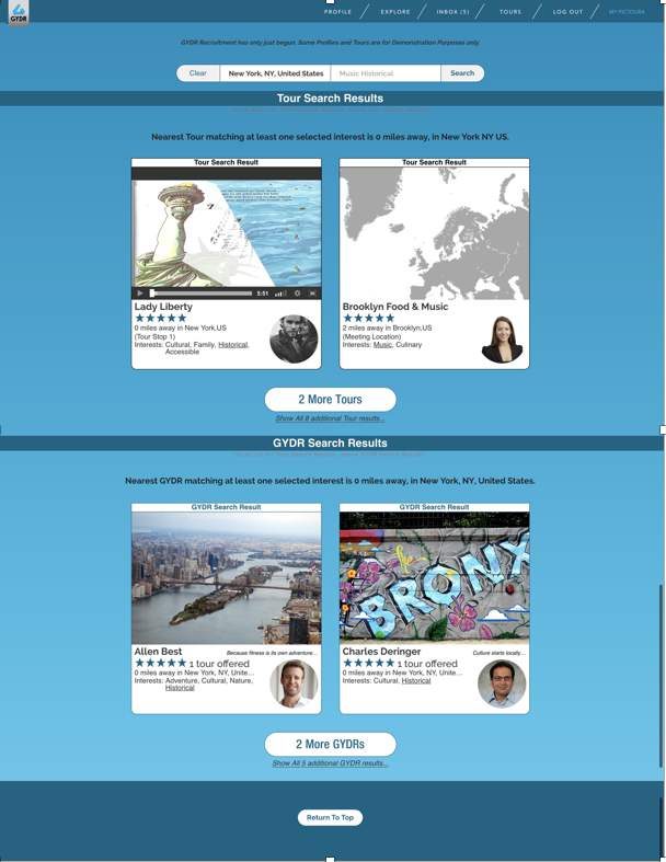 Search results page listing guide profiles with ratings and locations