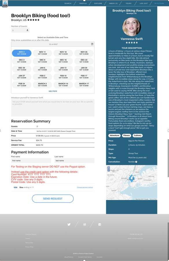 Tour booking page with an availability calendar, reservation summary and payment form