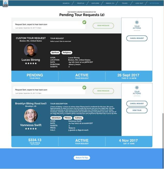 Guide dashboard listing pending and active tour requests